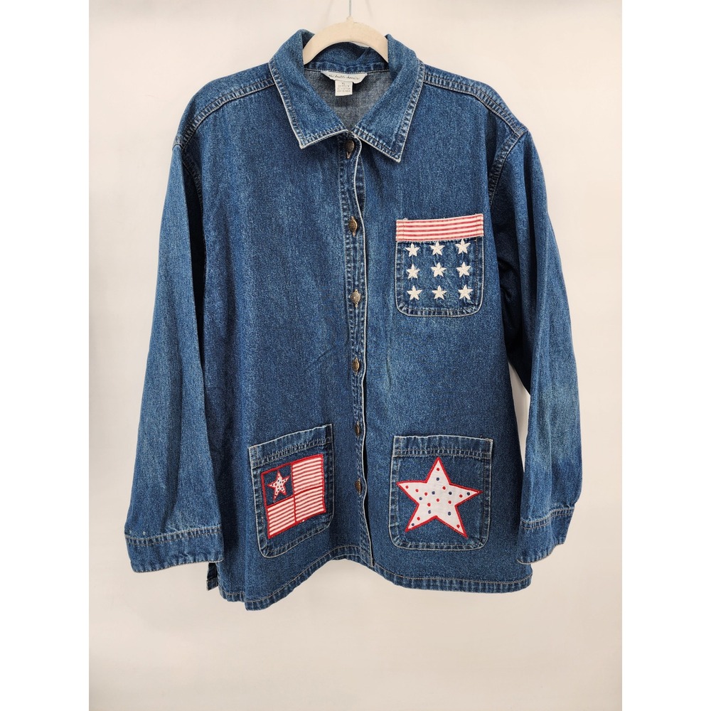 Michelle Louise Womens XL Denim Jacket Americana Stars Stripes Blue Cotton Shirt